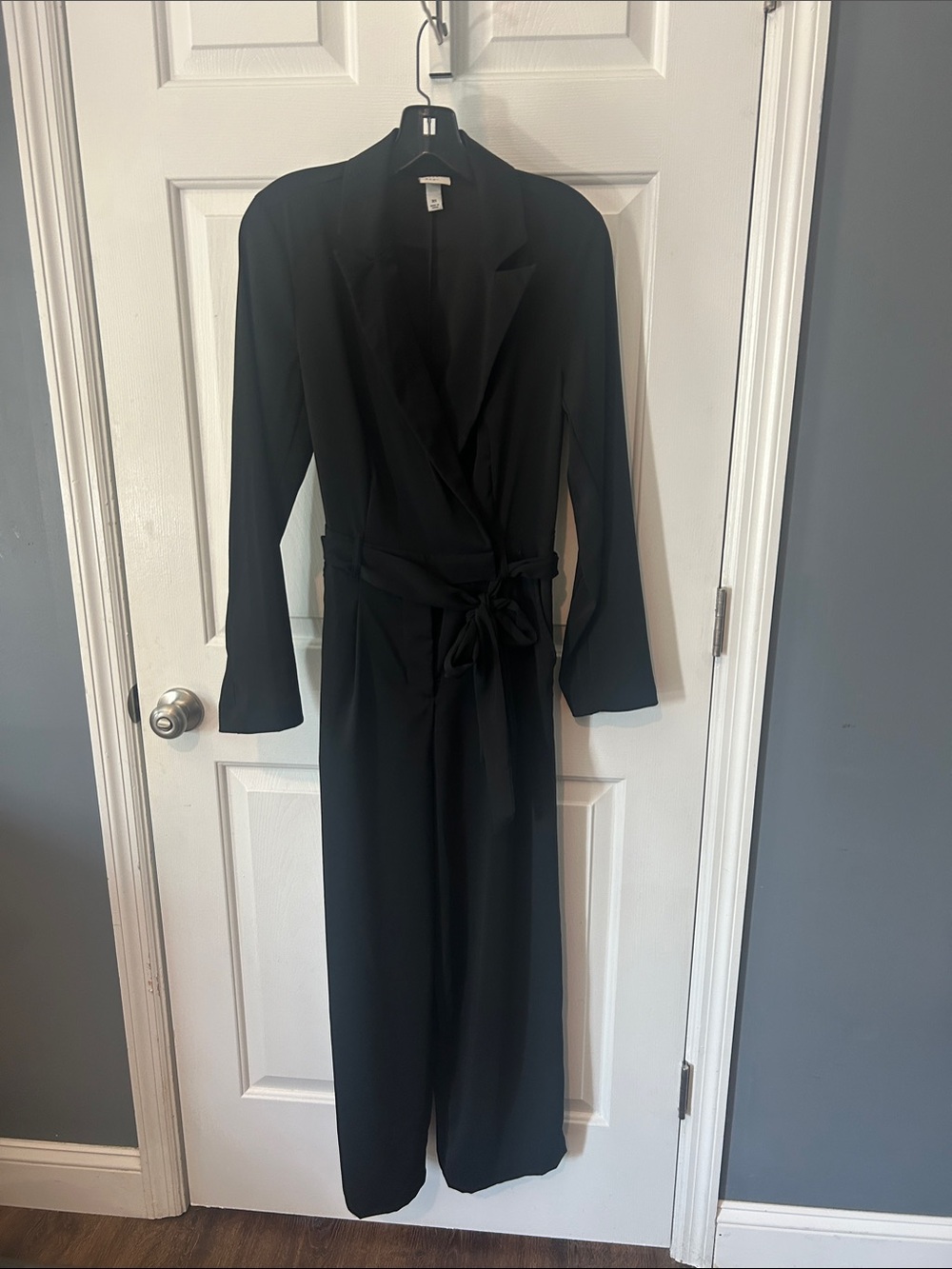 Black Long-Sleeve Wrap Jumpsuit with Self-Tie Waist